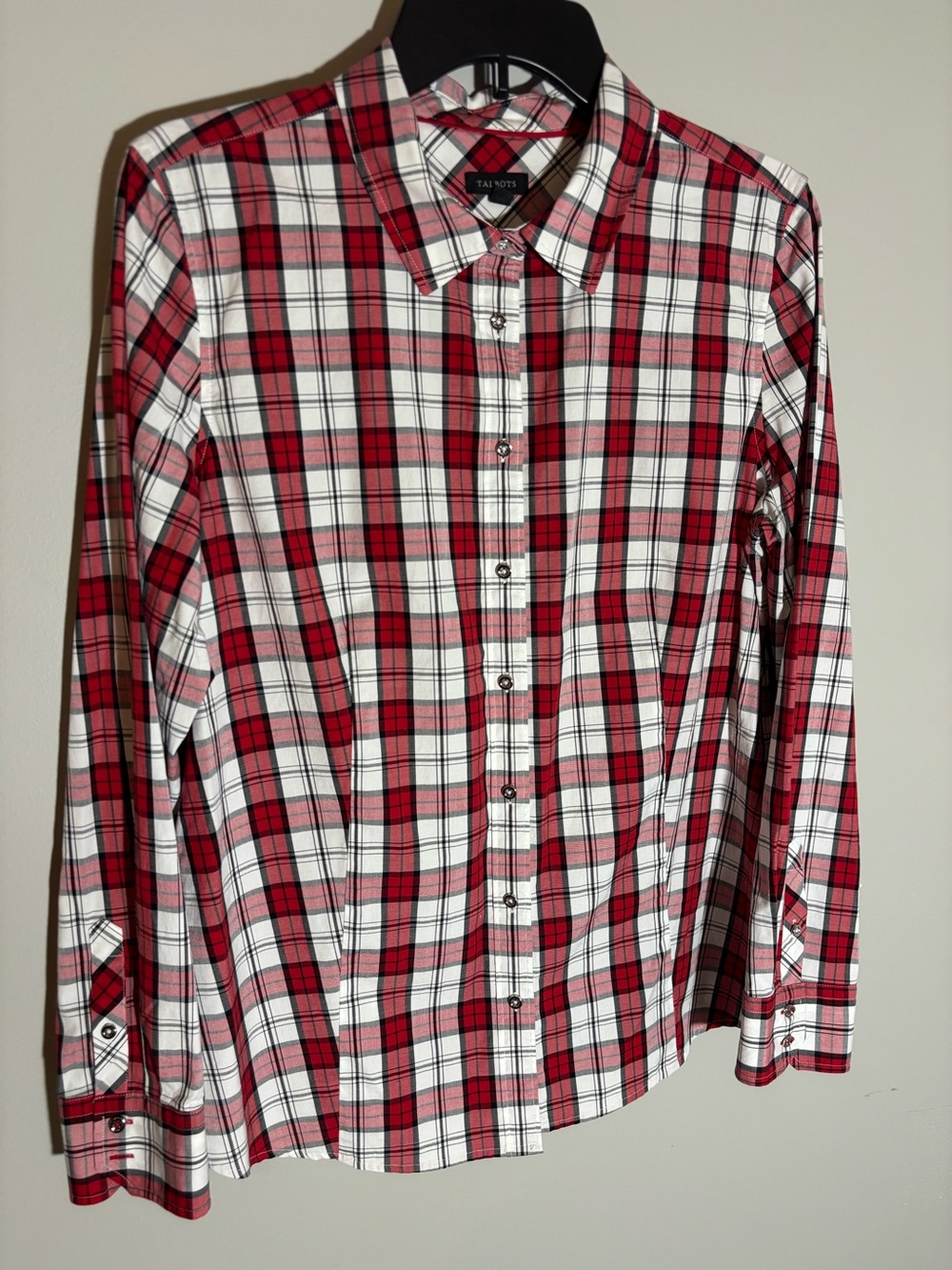 Talbots Plaid Button Down Shirt Red White Black Size 14